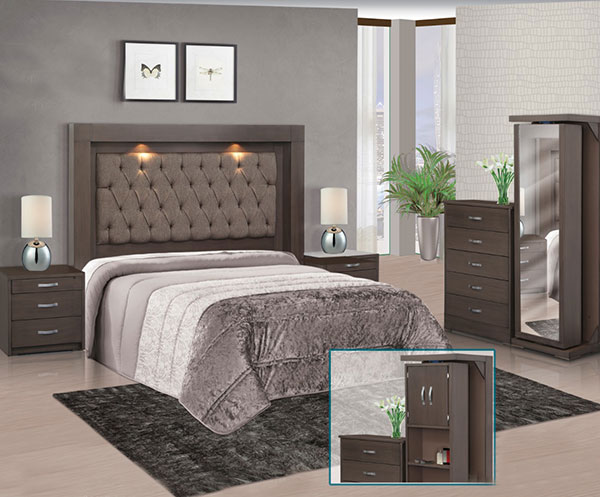 CAMA MATRIMONIAL CON CABECERA GRIS Y  2 BUROS 